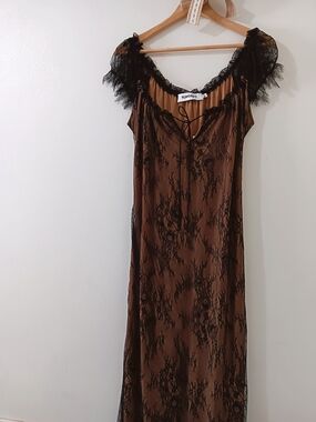 Rumored Victorian Ruffled Black Sheer Lace Tan Brown Midi Slip Dress Medium